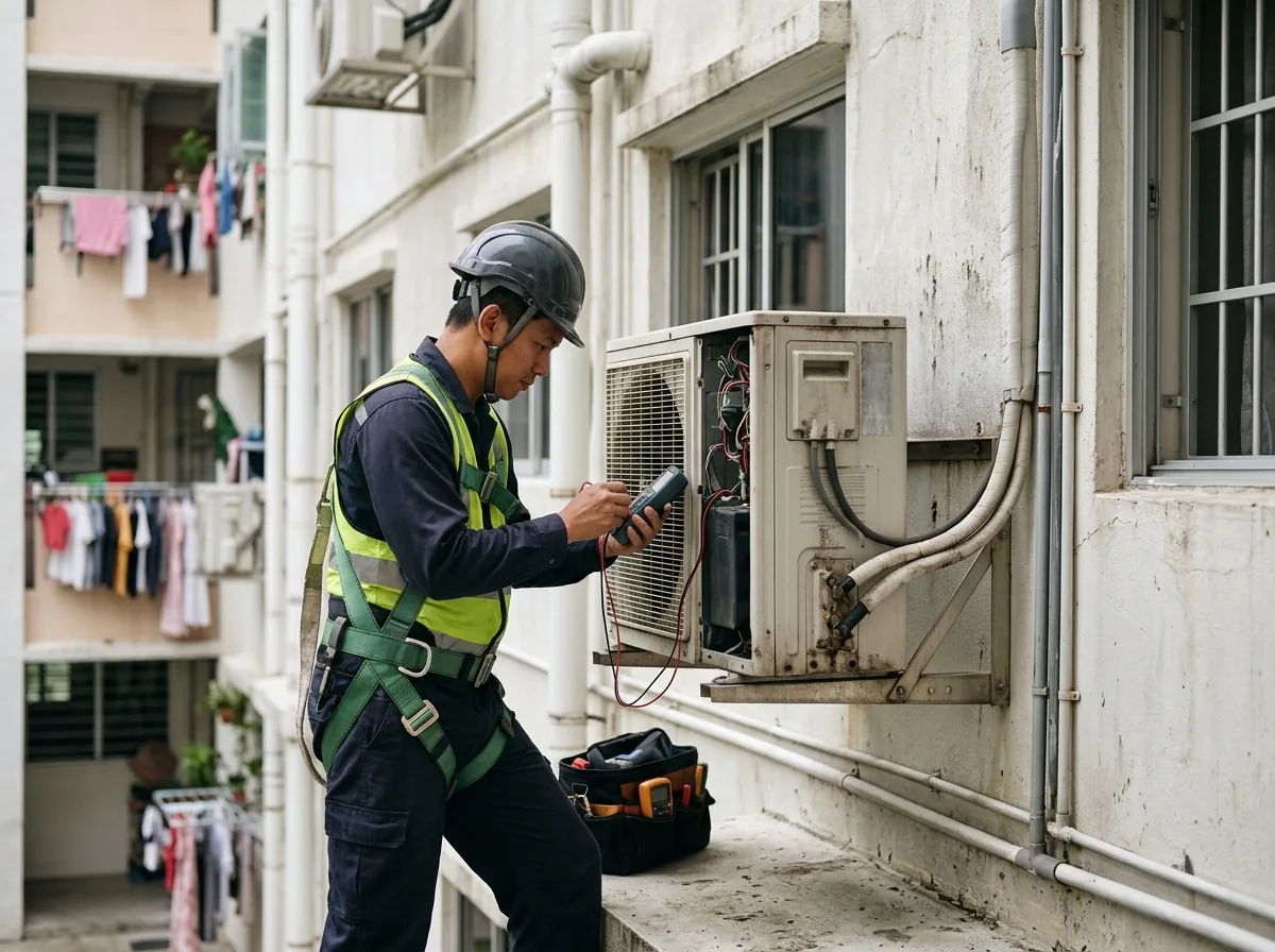 Technician inspecting outdoor aircon condensing unit on building exterior.