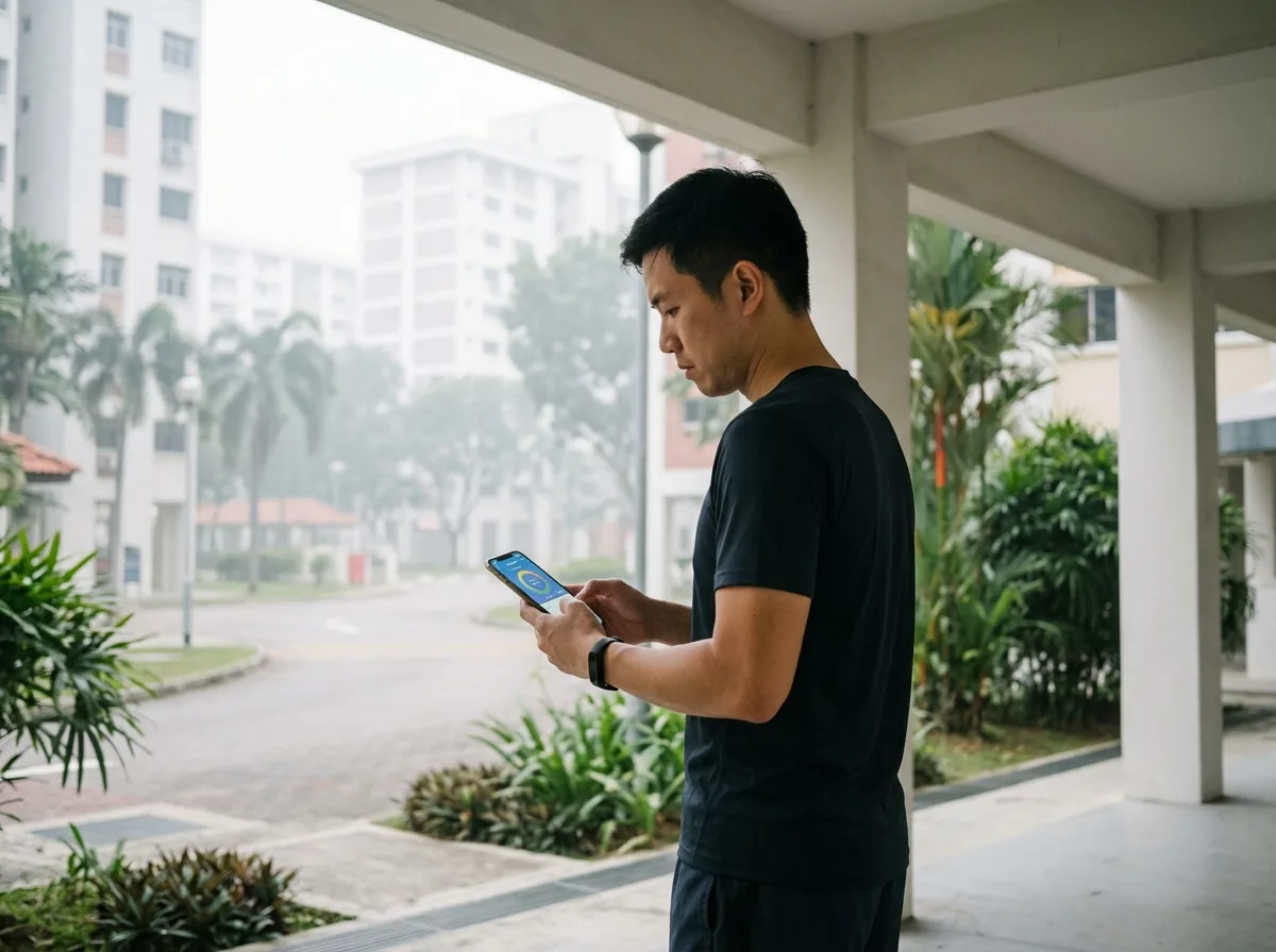 Person checking phone for air quality reading before deciding on workout location.