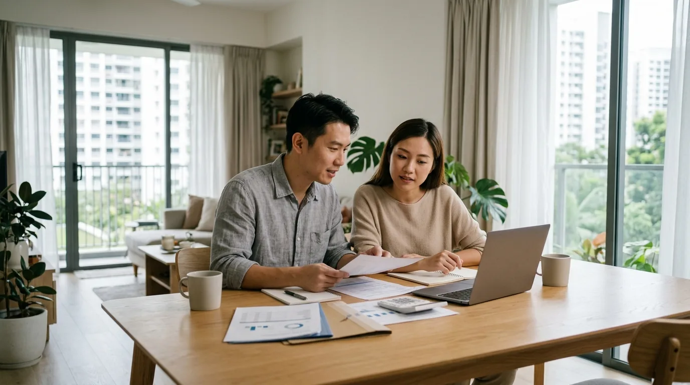 A couple discussing finances and plans at a dining table in their home.
