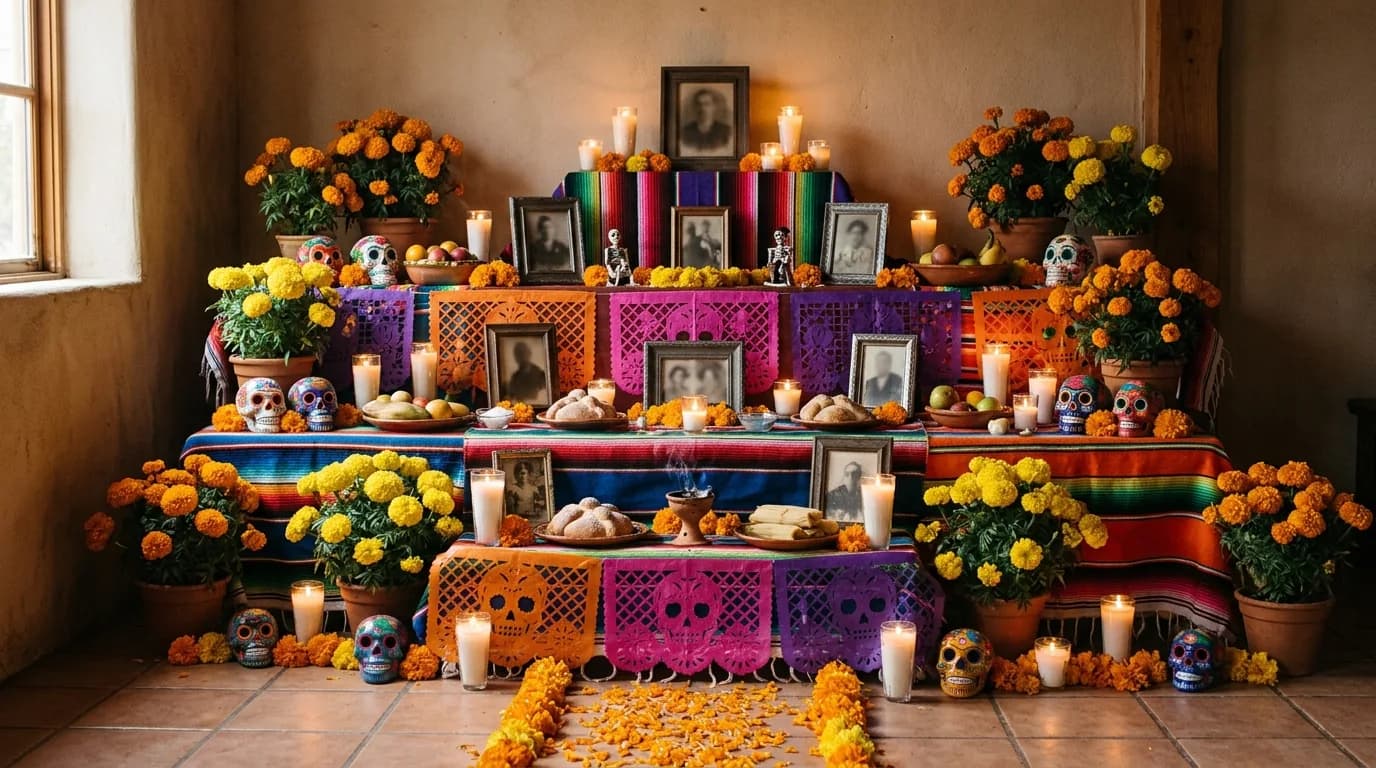 Colorful Día de los Muertos altar with marigolds, sugar skulls, candles and family photos.