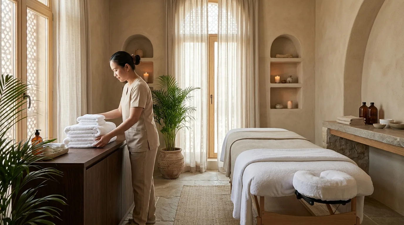 Spa treatment room with massage table, soft towels, and ambient lighting.