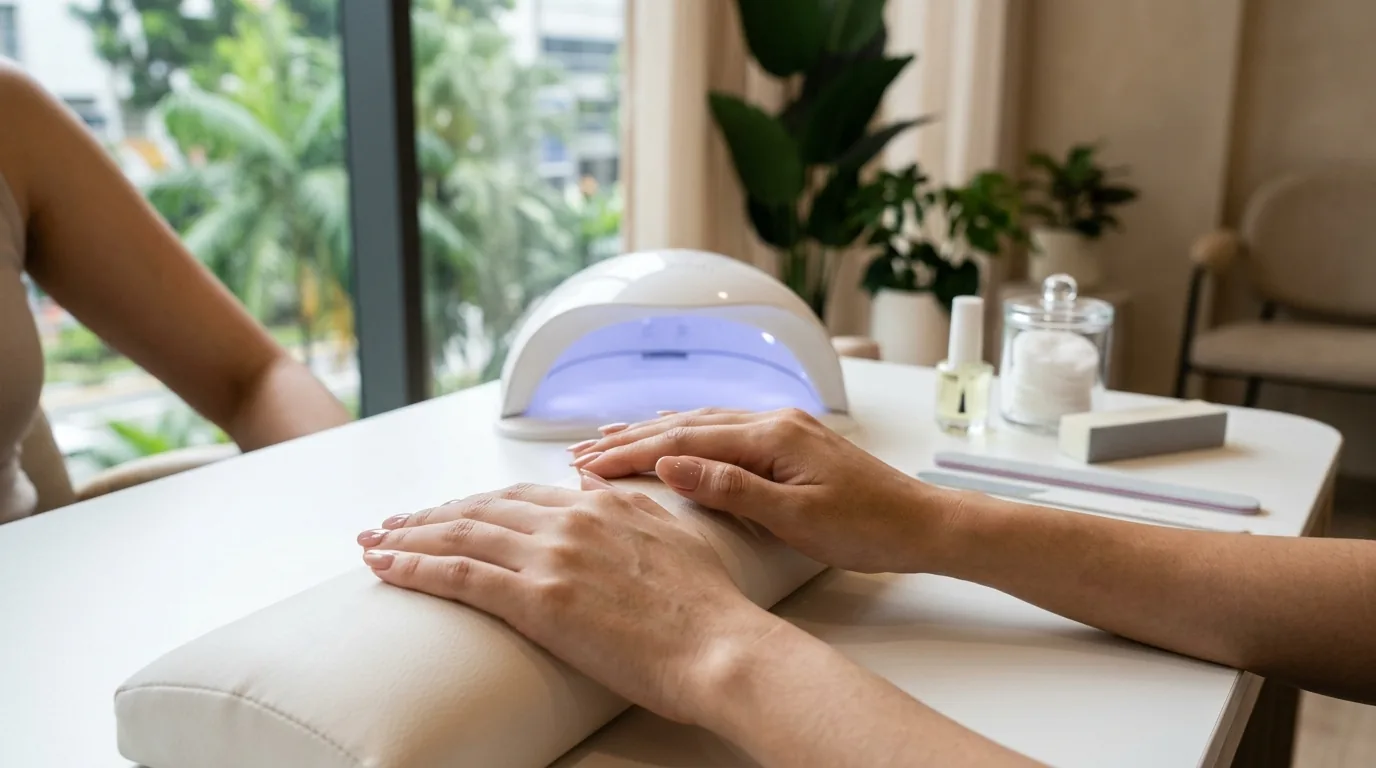 Hands with gel manicure under a UV lamp at a salon manicure station.