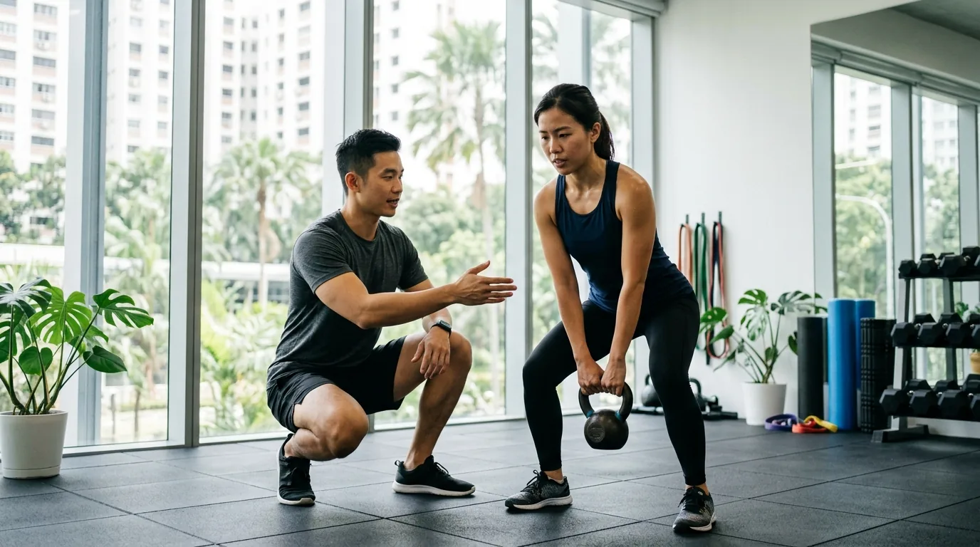 Personal trainer guiding a client through an exercise in a modern fitness studio