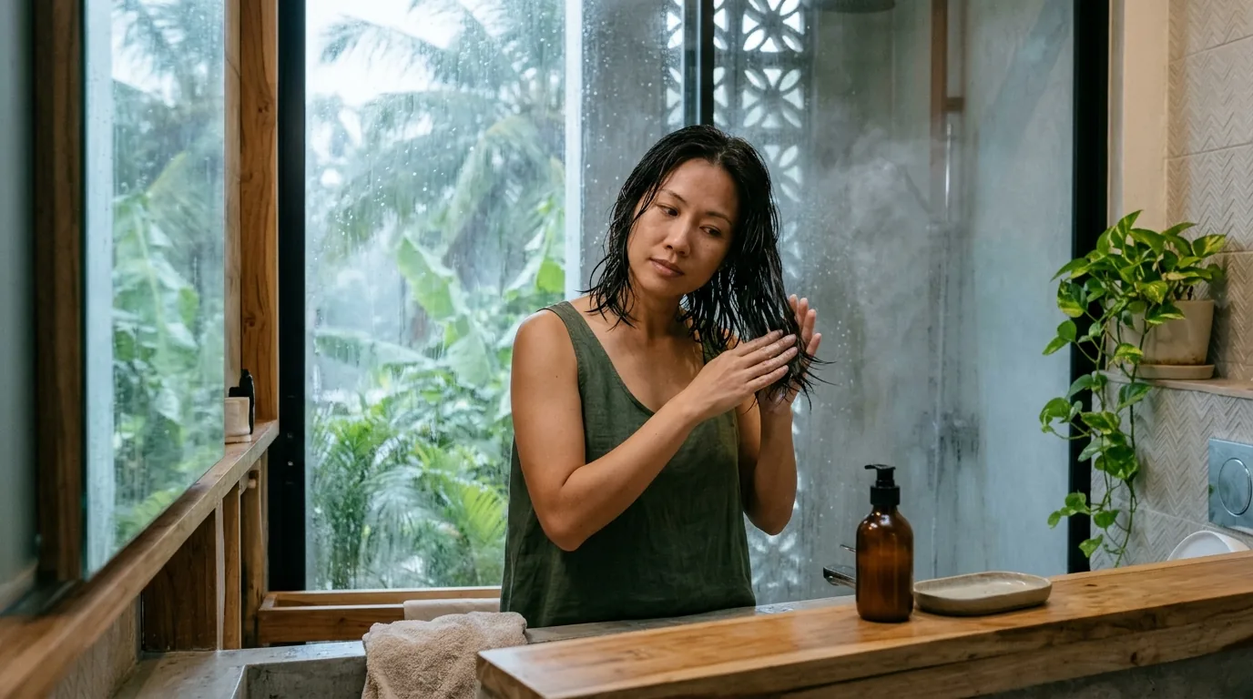 Woman applying hair serum to damp hair in humid bathroom during rainfall