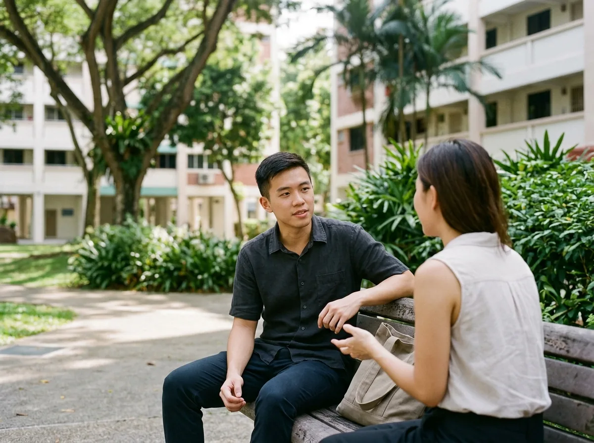 A couple sitting on a bench conversing in a green park setting.