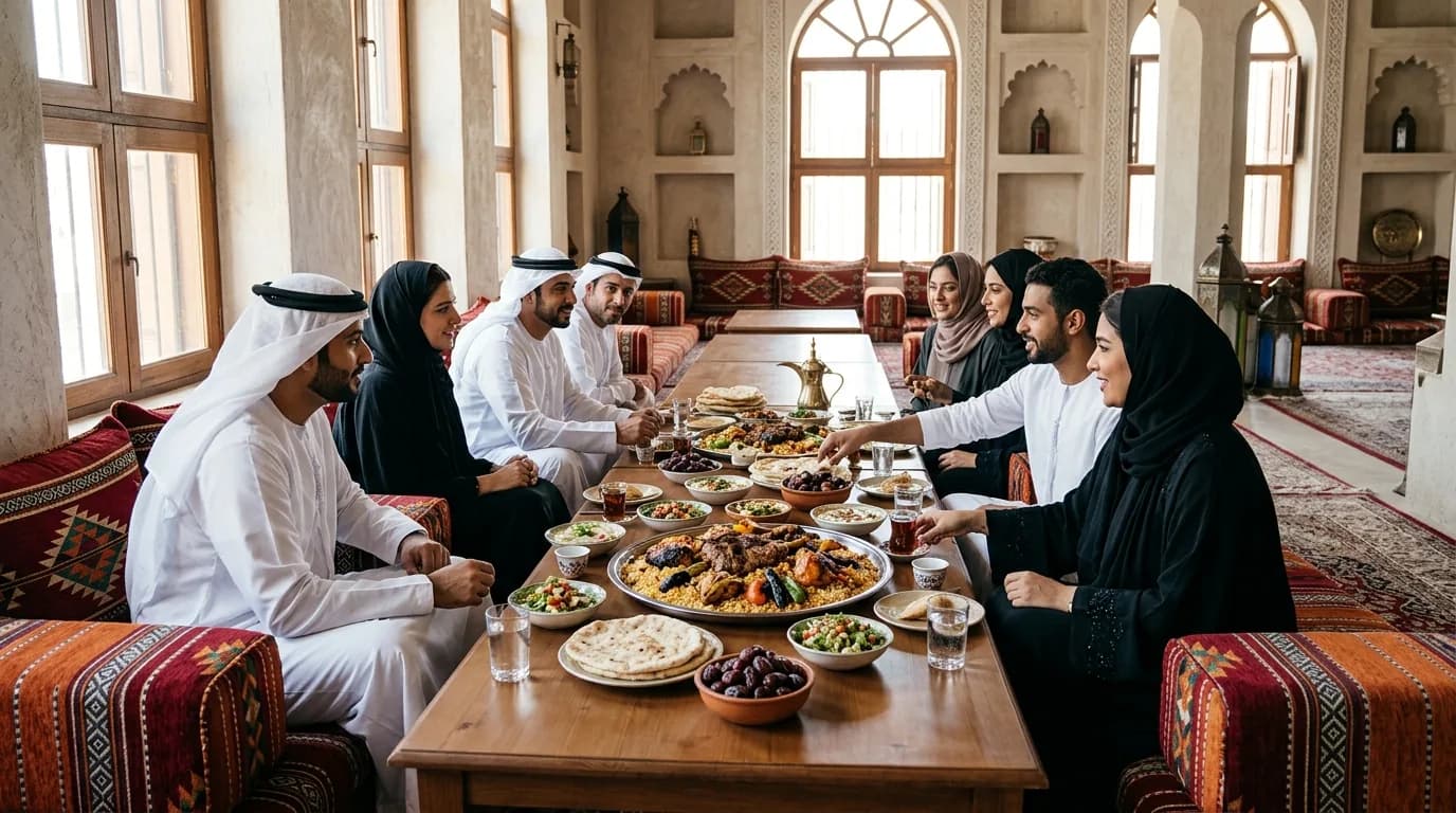 People dining together at a traditional majlis table with grilled food and coffee.
