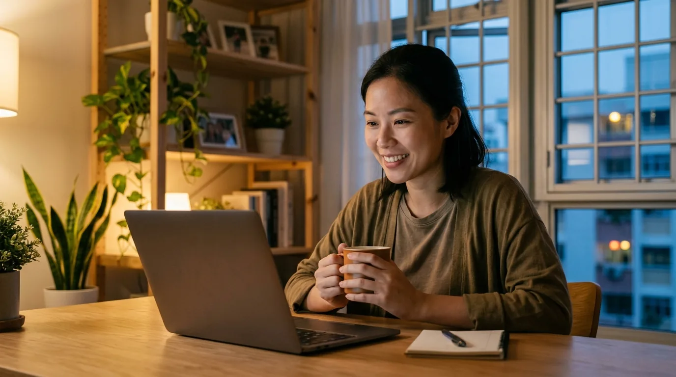 Person video calling on laptop at home, smiling warmly at screen