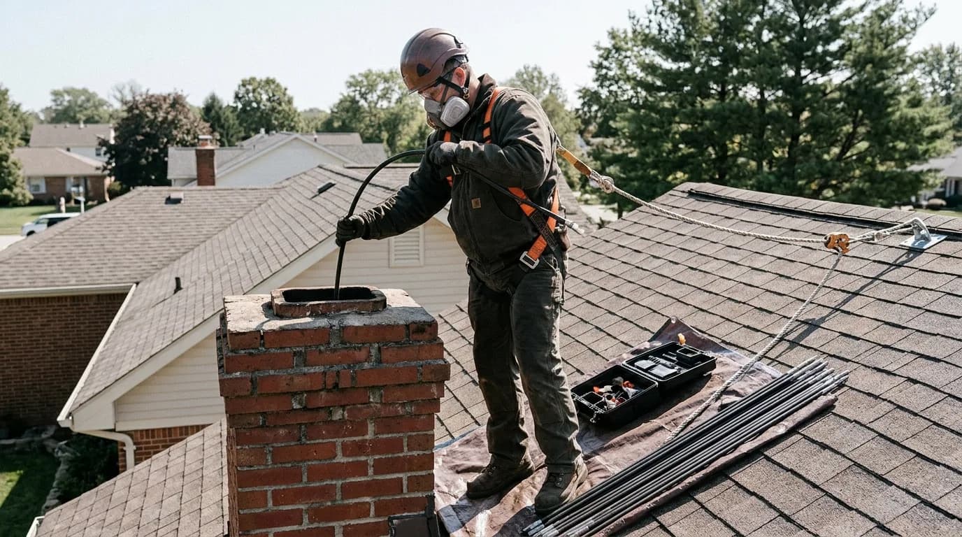 Chimney sweep cleaning a brick chimney on a residential roof with professional equipment.