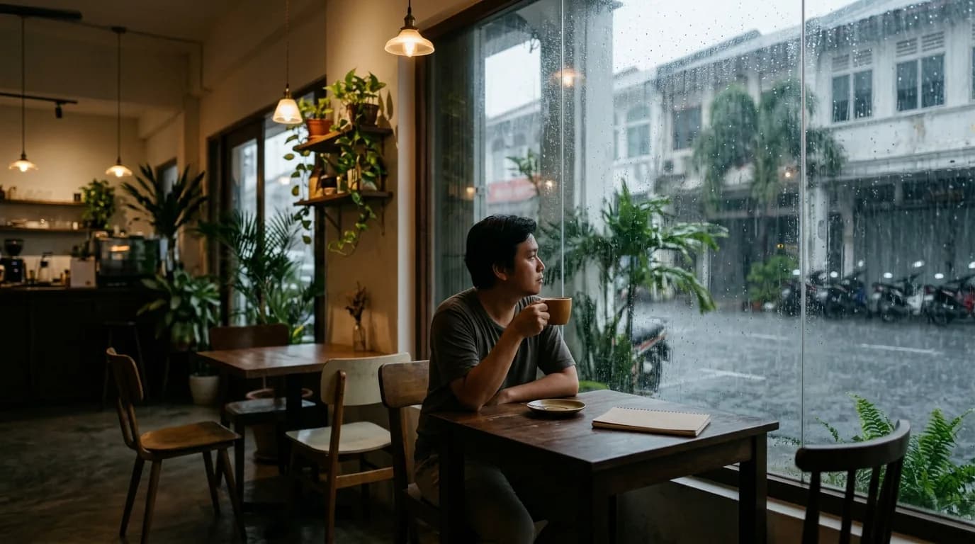 Person by window in café watching rain with hot drink, warm indoor lighting.