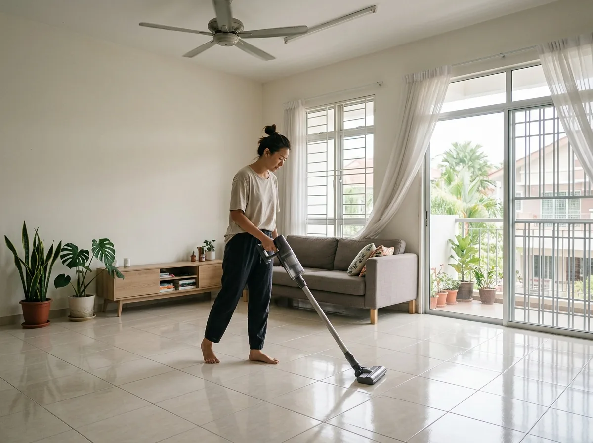 Person vacuuming tiled floor in a bright living room