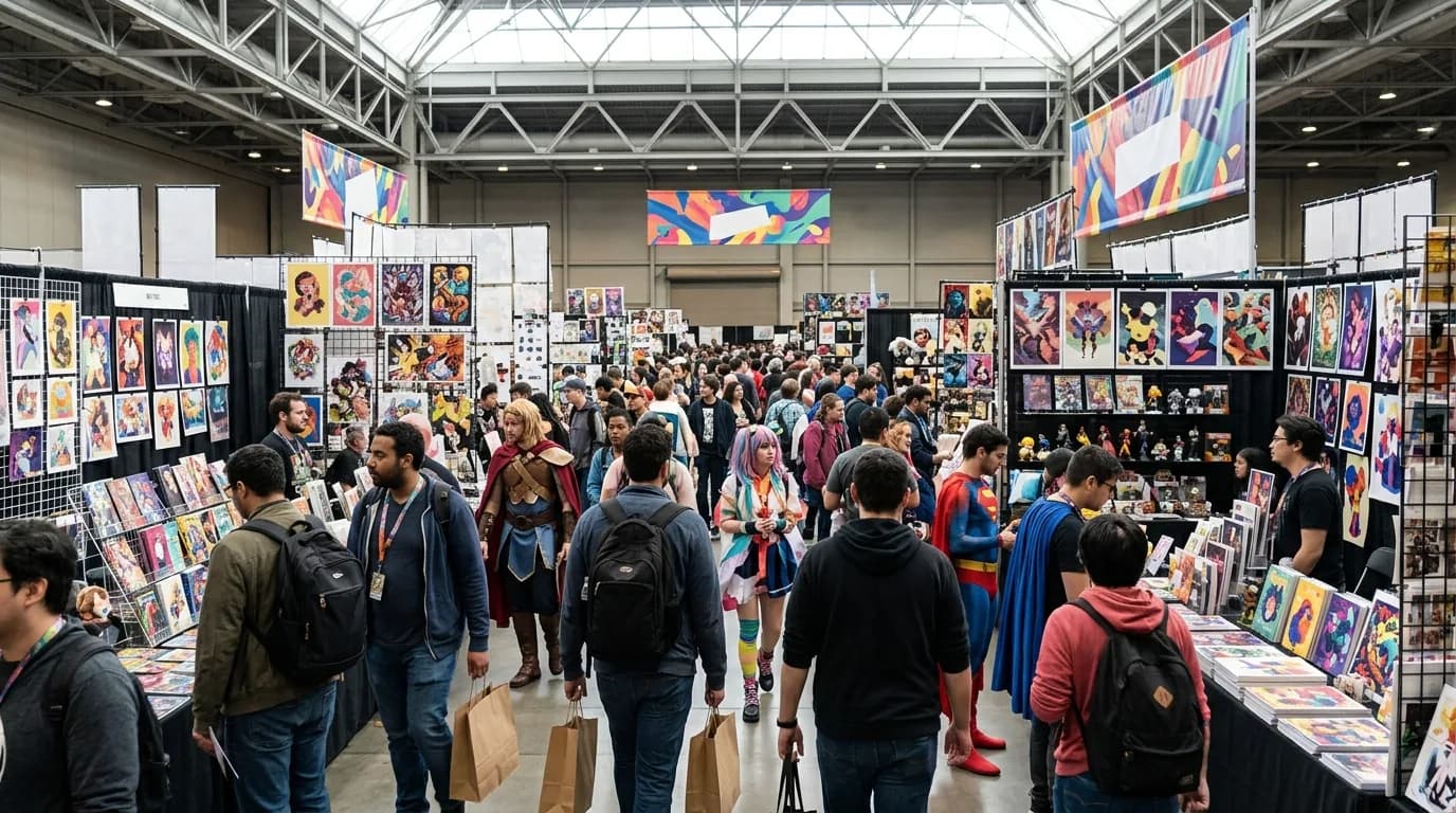 Convention attendees in costumes browsing vendor booths at an indoor convention center.