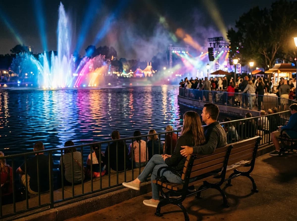 Crowd watching a nighttime show with colorful lights and water effects at a theme park.