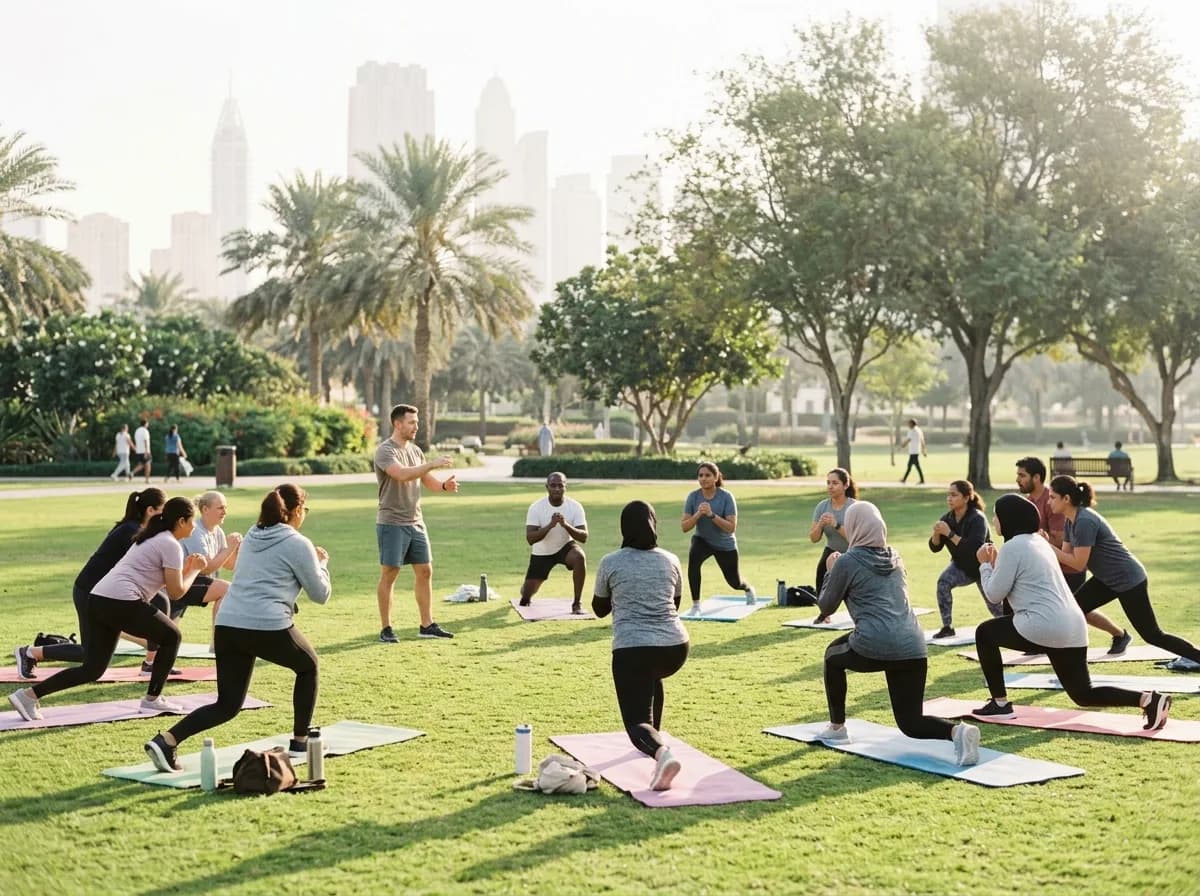 Group fitness class with instructor leading participants in a park setting.