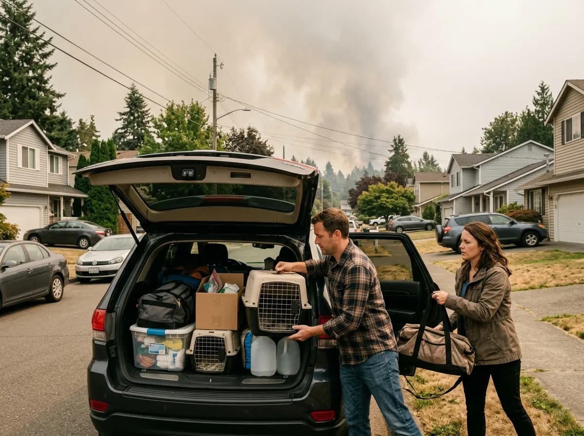 Family placing pet carriers in car trunk during evacuation with smoke in background.