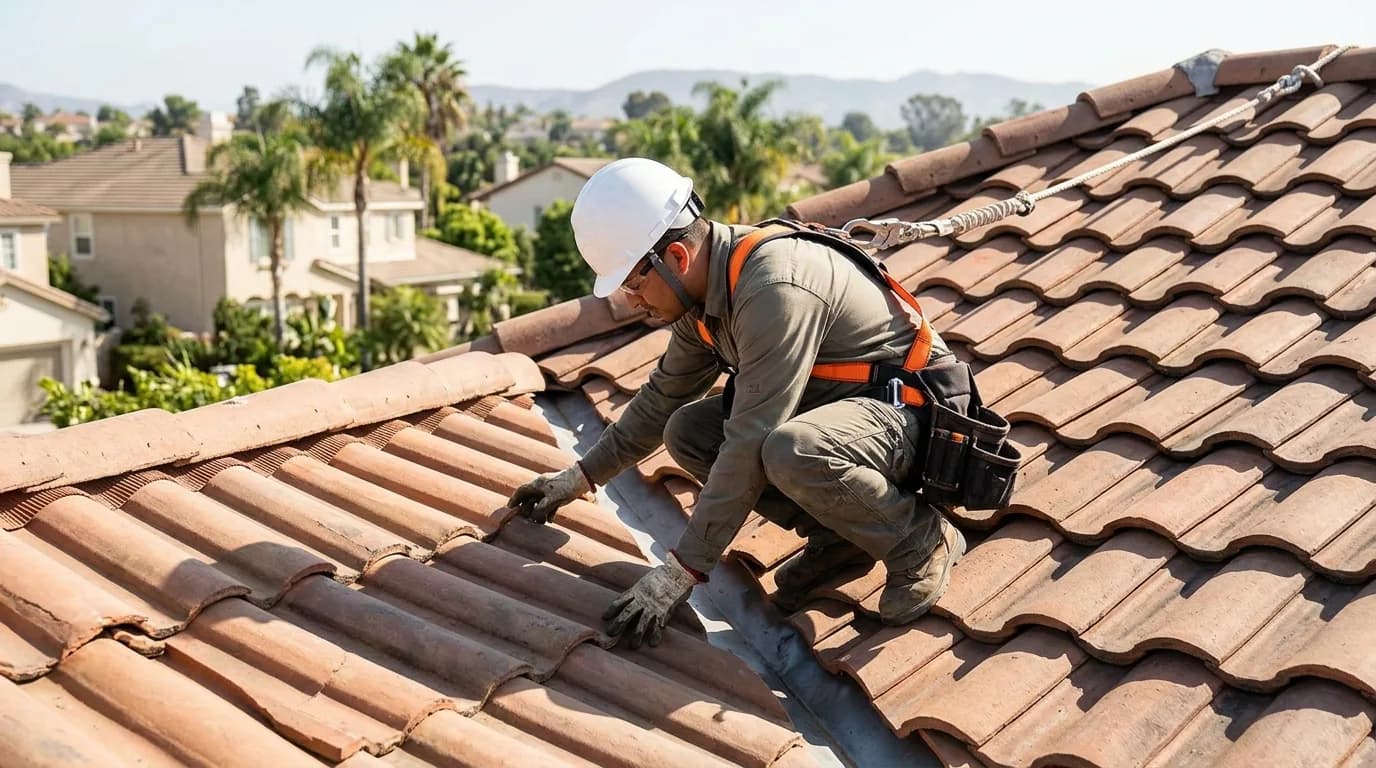 Roofer in safety gear inspecting residential roof tiles for damage and leaks.