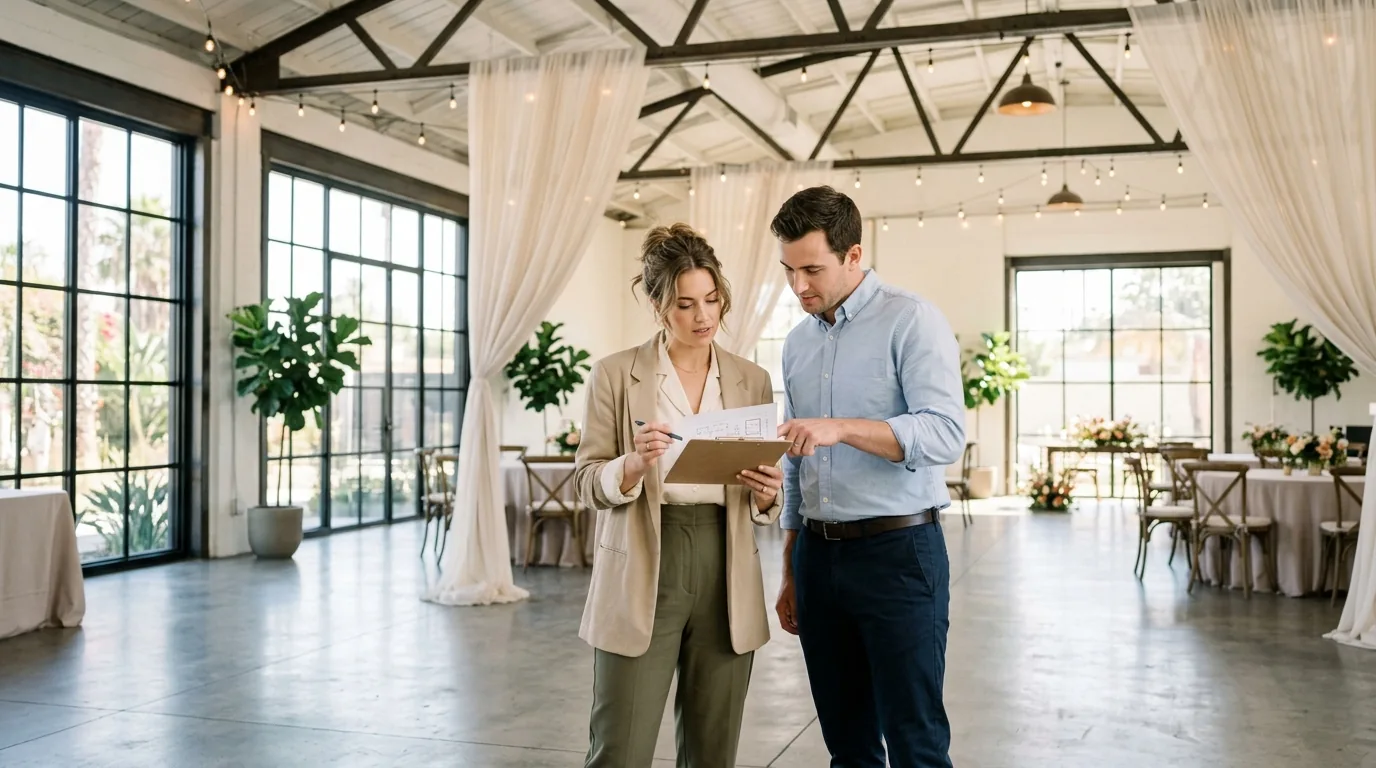 Couple planning wedding details in an upscale venue with modern lighting and decor.