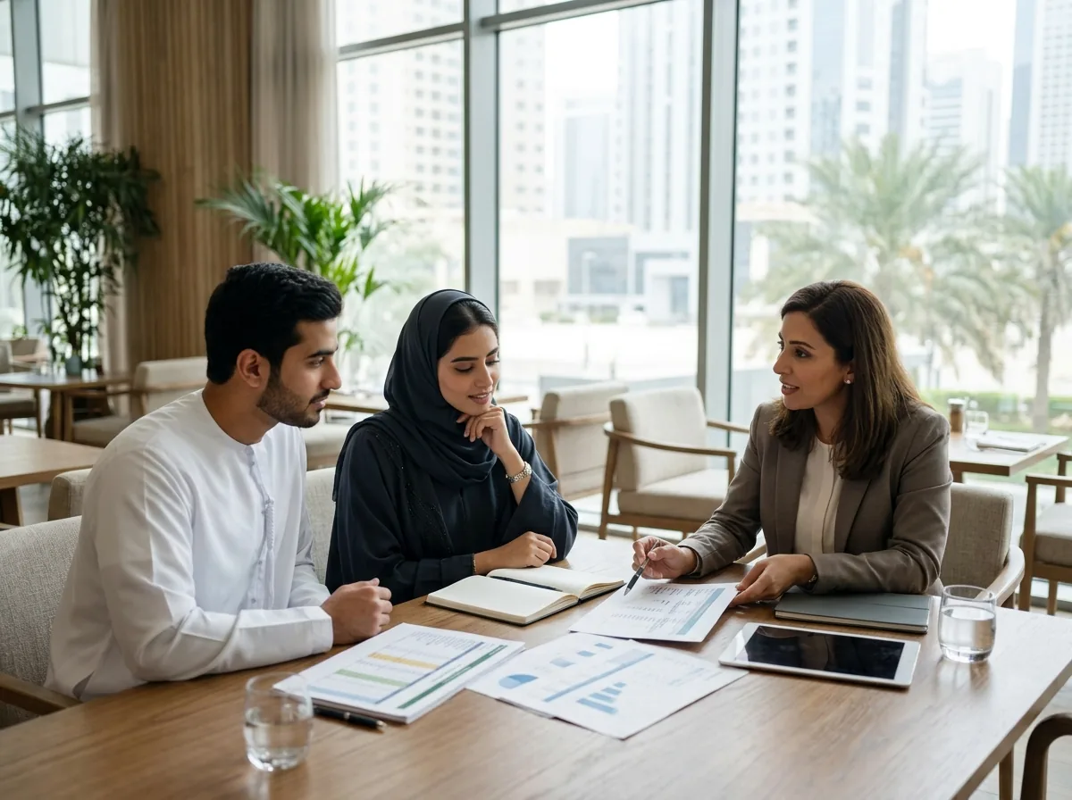 Couple meeting with wedding planner to review budget documents and plans