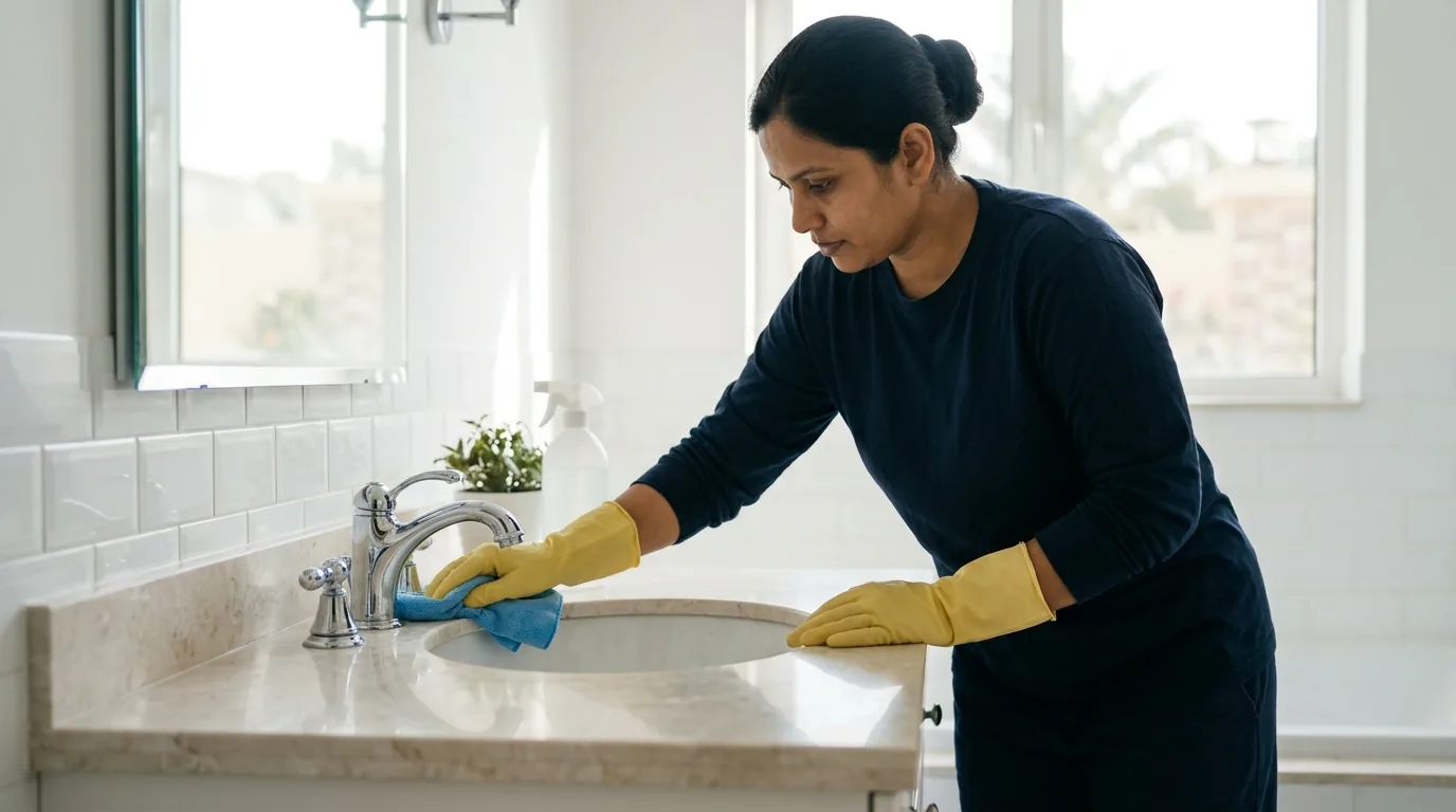 Professional cleaner polishing bathroom fixtures with microfiber cloth
