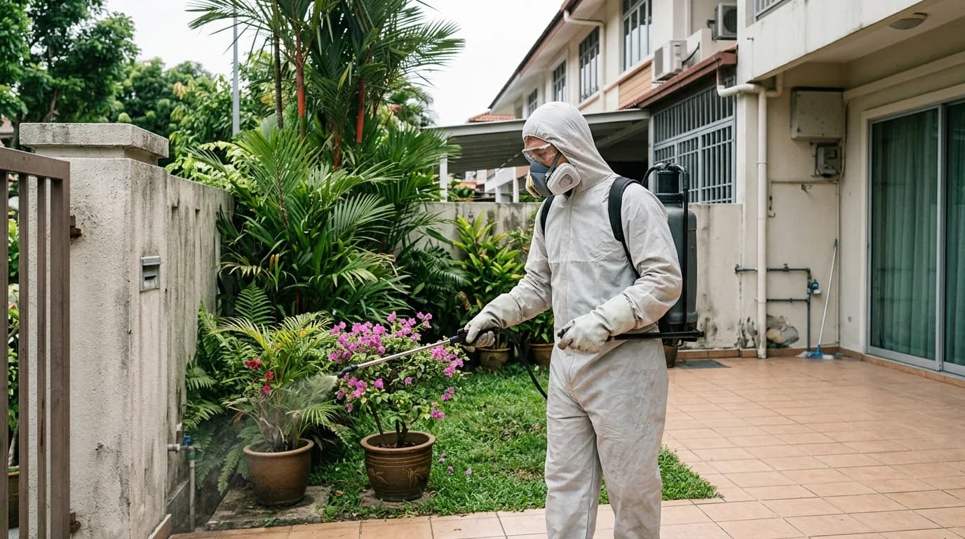 Pest control worker spraying mosquito treatment around a house exterior.