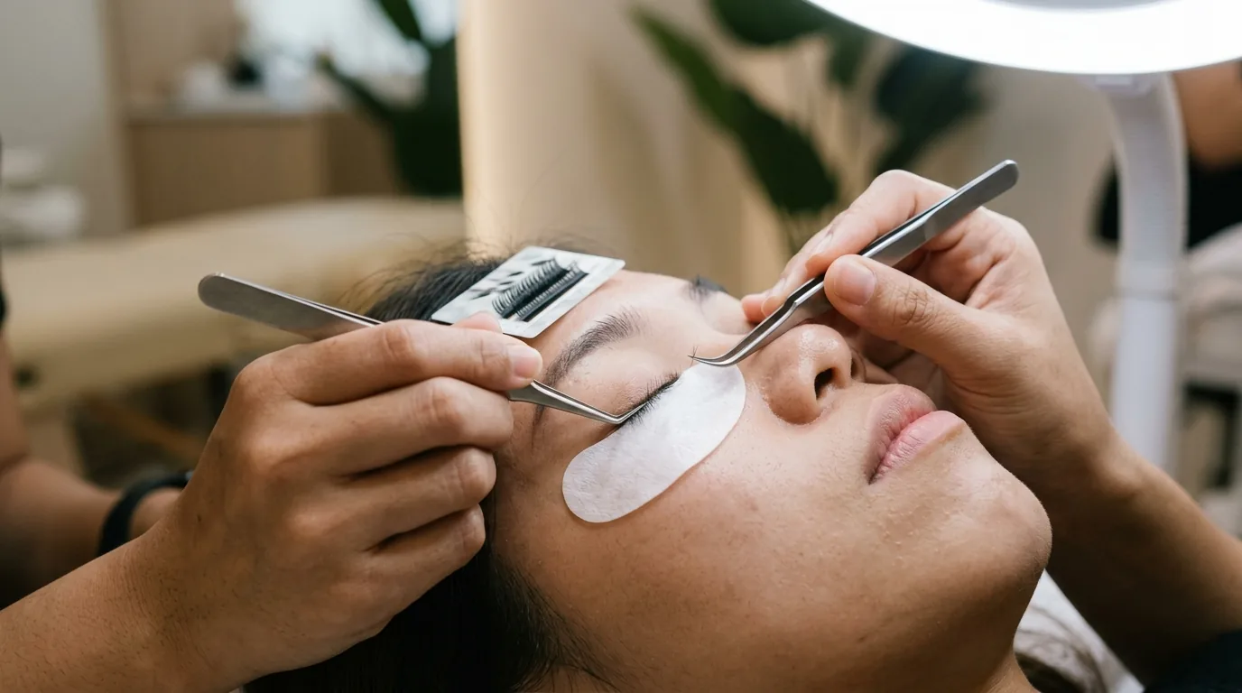 Close-up of lash extension application by a technician during a beauty treatment.