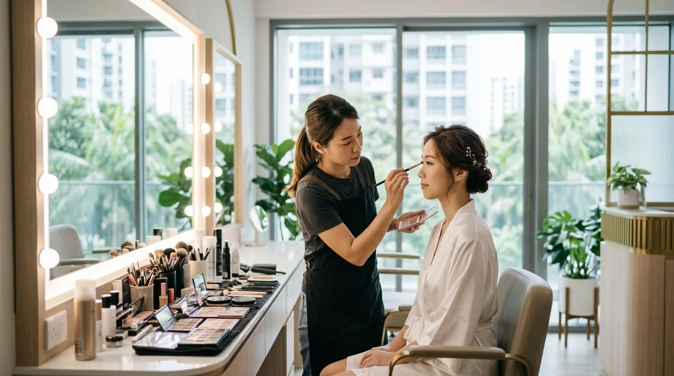 Makeup artist applying bridal makeup to a woman's face at a vanity with cosmetic tools.