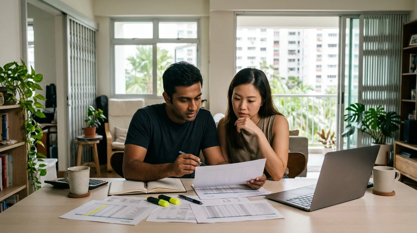 Couple reviewing wedding budget documents and planning expenses at a table