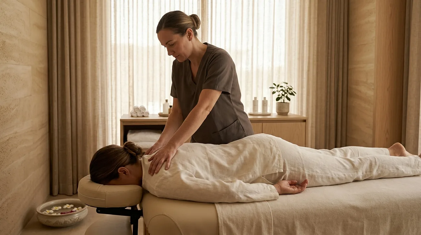 Therapist giving deep tissue massage to client on massage table in spa room.