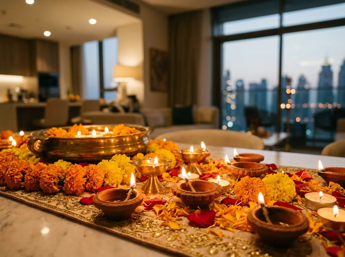 Lit diyas and marigold flowers arranged as Diwali home decorations.