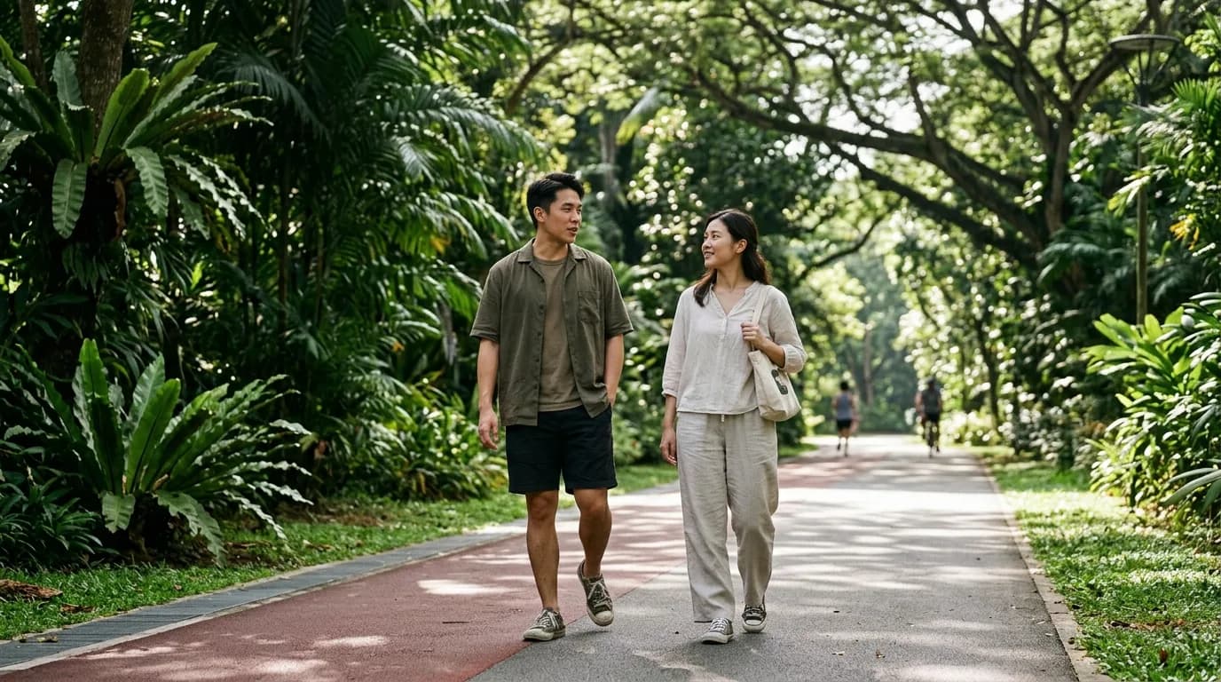 A couple walking together on a tree-lined park path in Singapore.