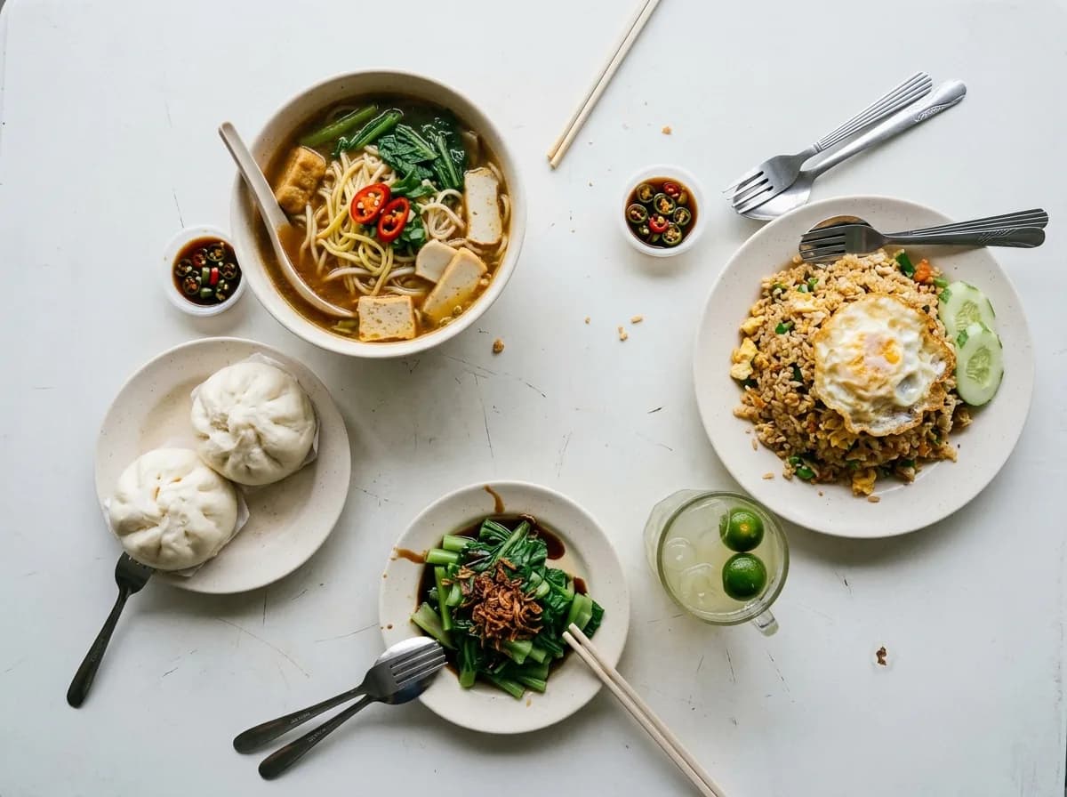 Assorted budget Malaysian street food dishes displayed on a table including noodles, rice, and vegetables.