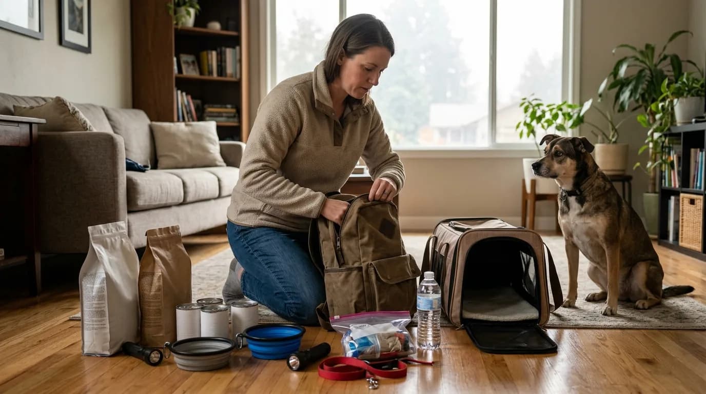 Person preparing emergency pet supplies and carrier as smoke hazily fills the sky outside.