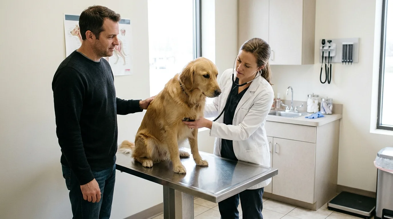 Vet examining a dog on an exam table while owner watches