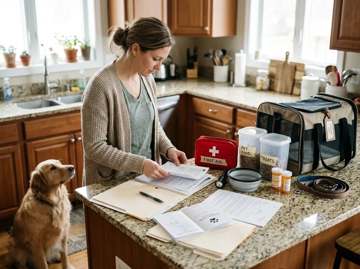 Emergency pet records and supplies organized on a counter before evacuation.