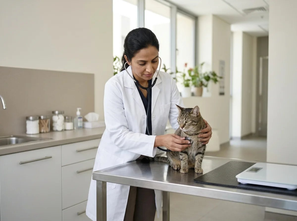 Veterinarian examining a cat during a health check-up in a clinic.