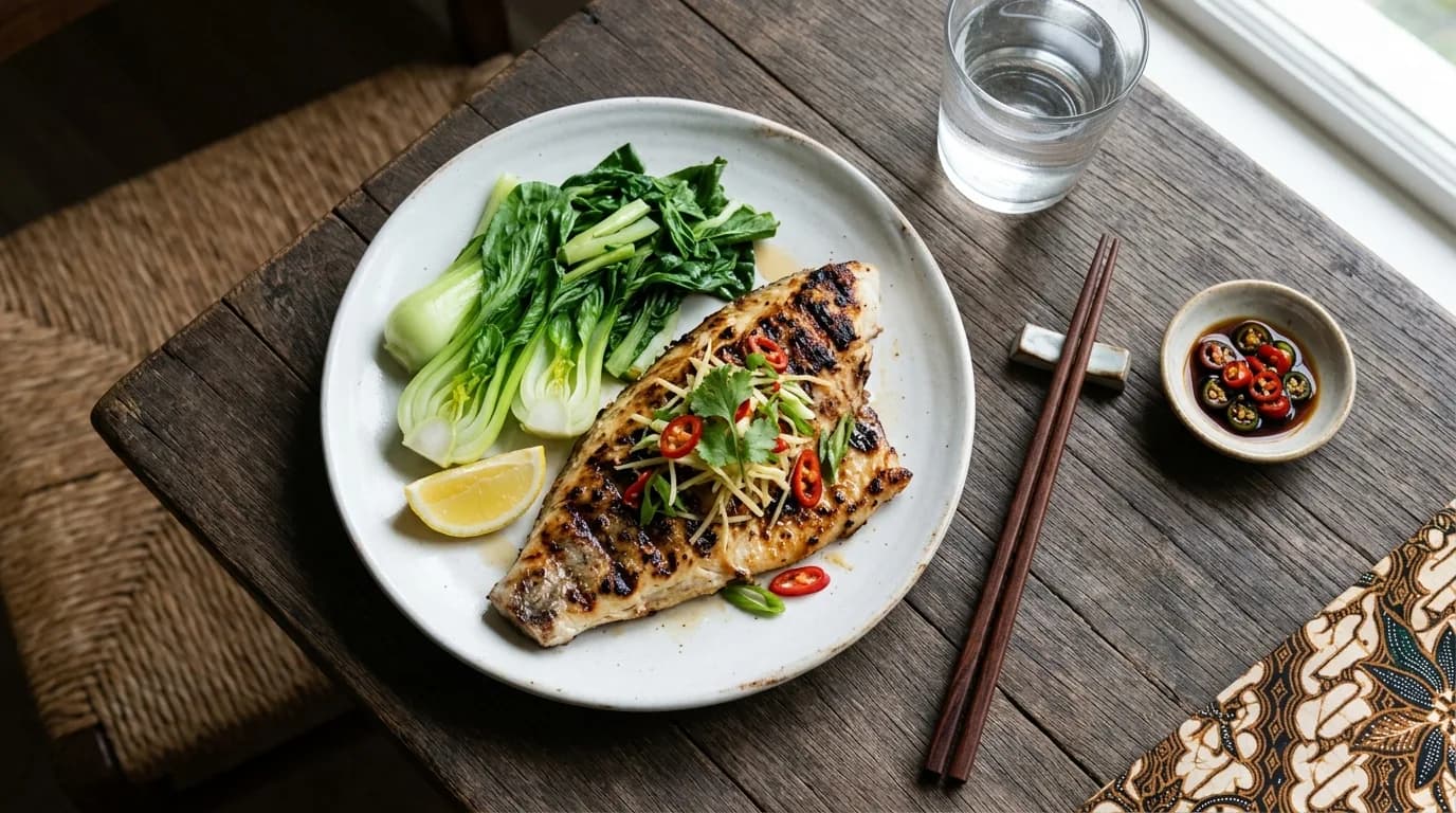 Grilled fish fillet with vegetables and lemon on a plate with chopsticks