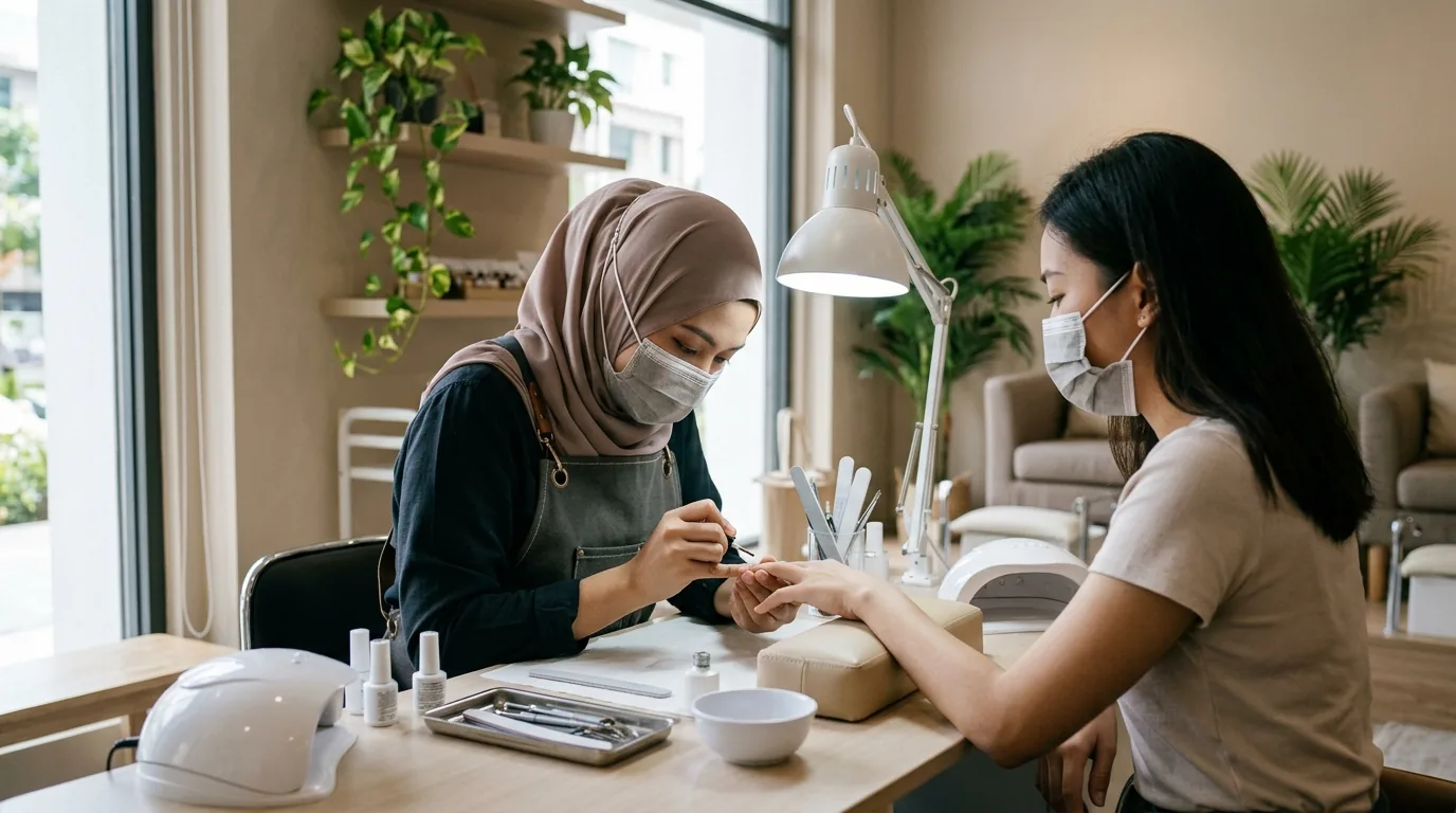Nail technician applying gel polish to client's nails in a salon.