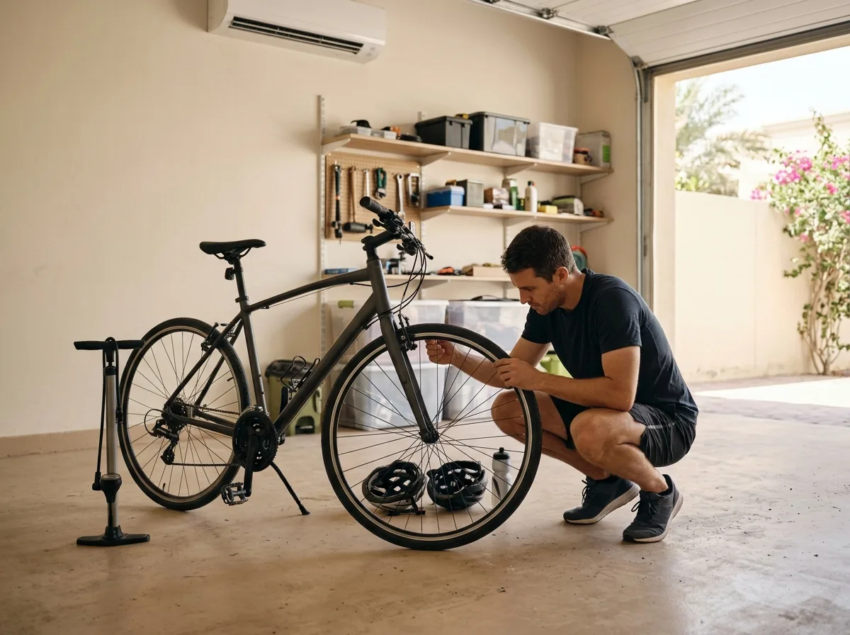Person checking bicycle tires and brakes before a ride.