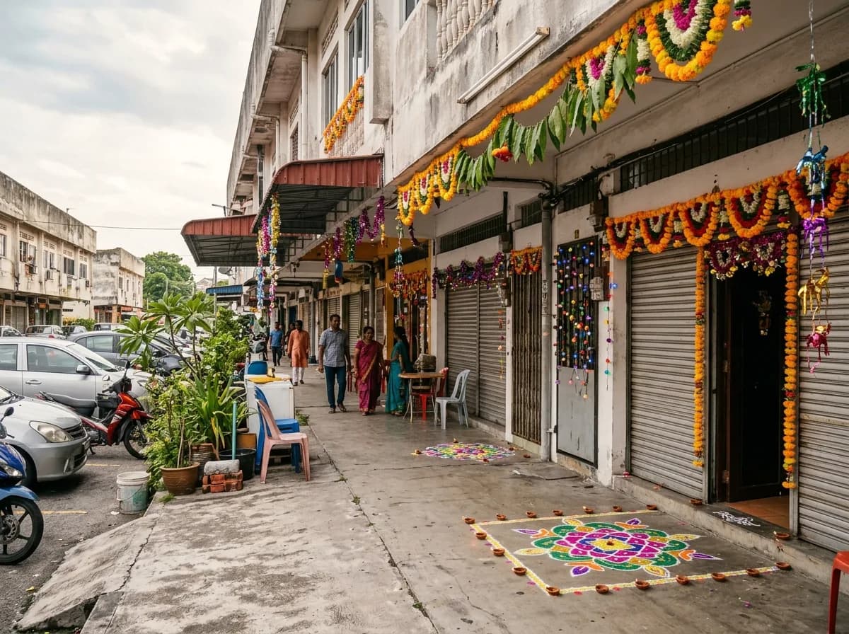 Malaysian street decorated with Deepavali lights and traditional rangoli designs.