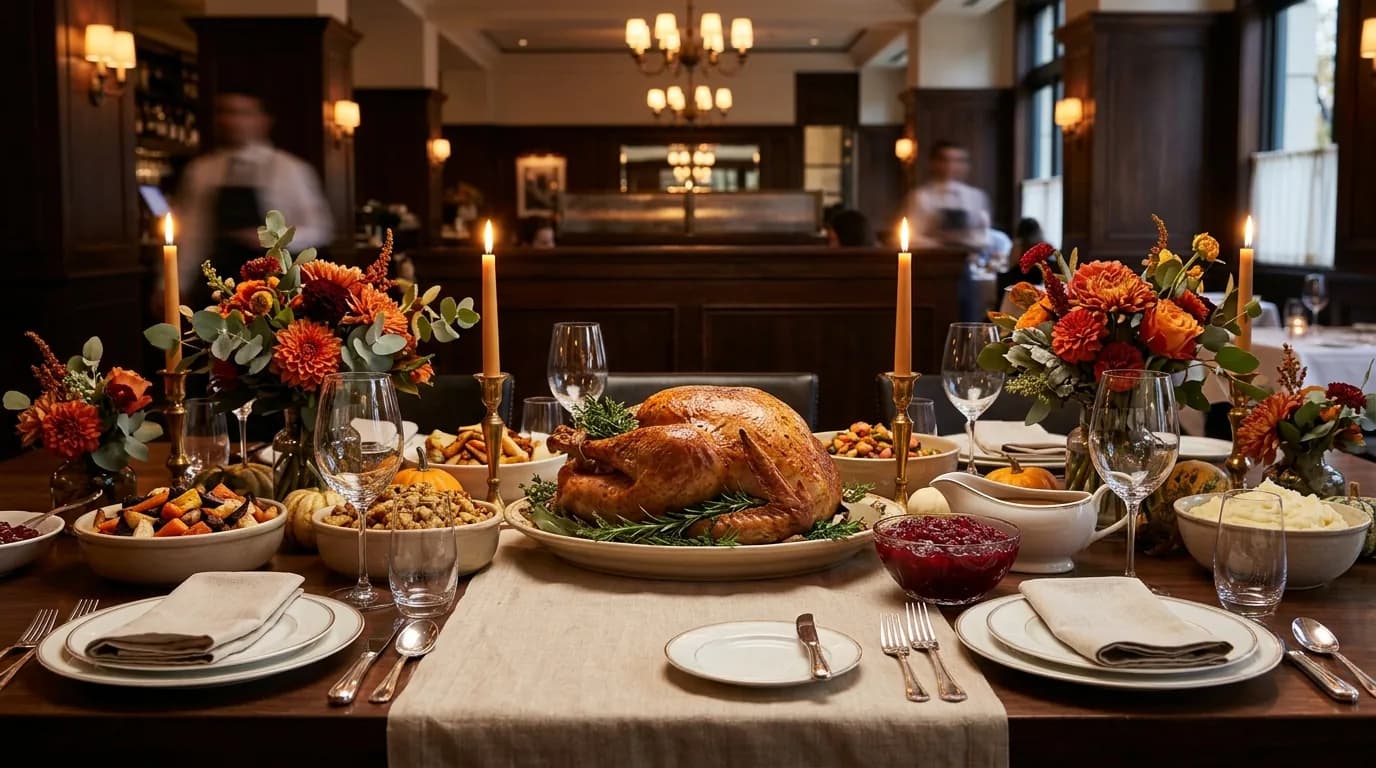 Formal Thanksgiving dinner table with turkey, vegetables, and autumn centerpieces in a restaurant.