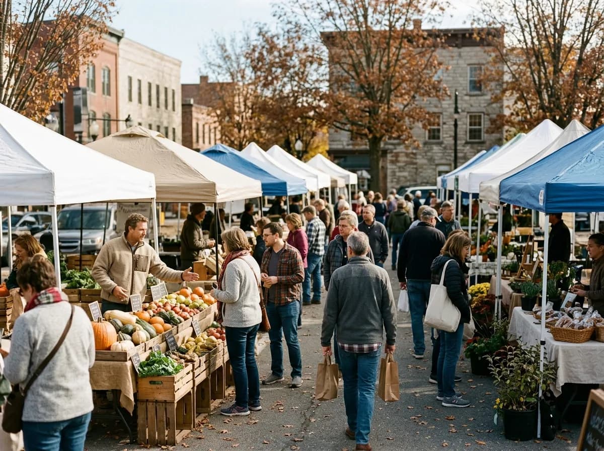 Shoppers browsing fresh produce and goods at an outdoor community market with multiple vendor stalls.
