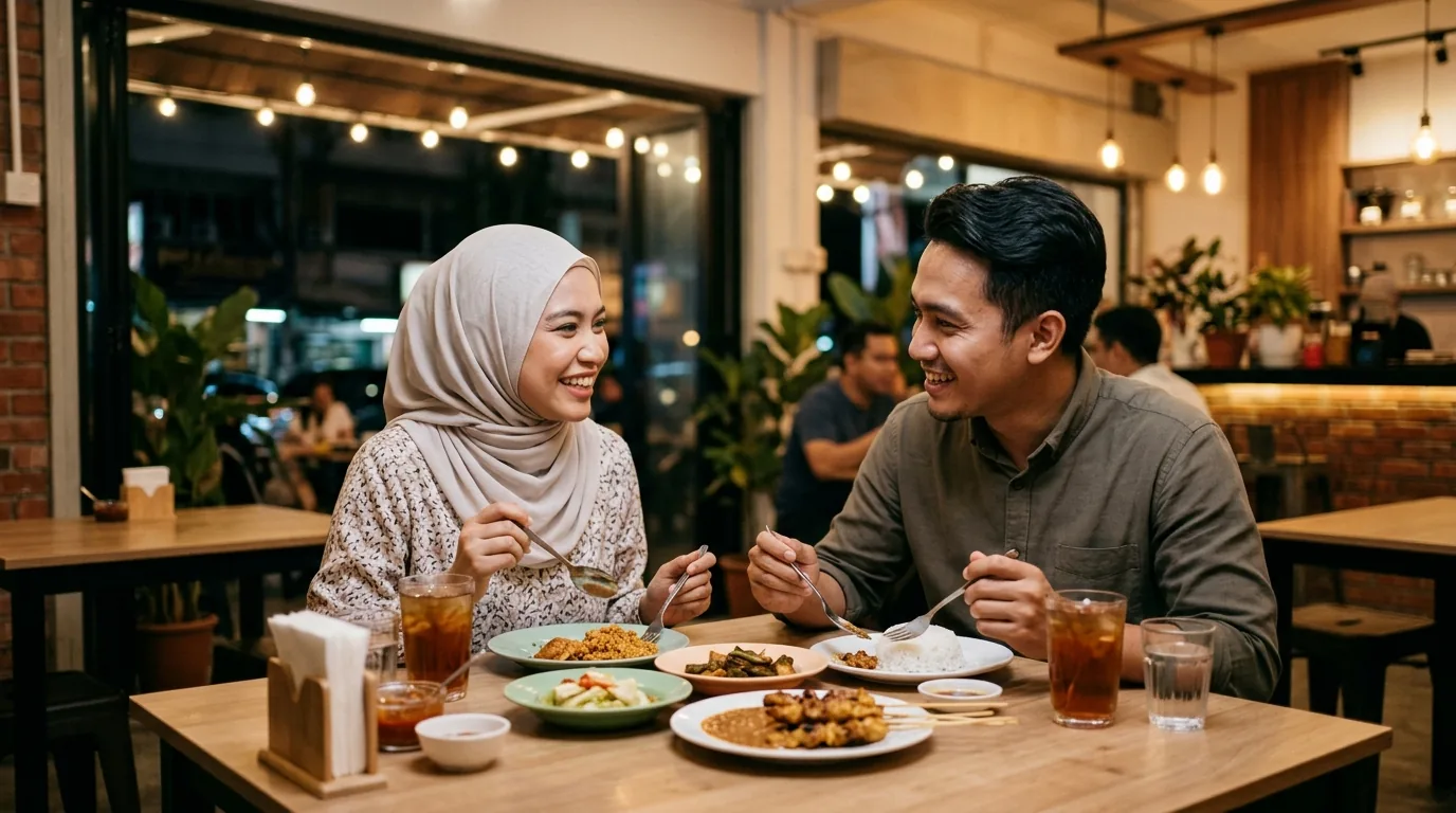 A couple enjoying dinner together at a casual restaurant, engaged in conversation.