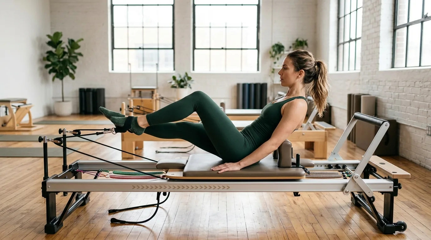 Woman doing pilates on a reformer machine with springs and footbar in a bright studio.