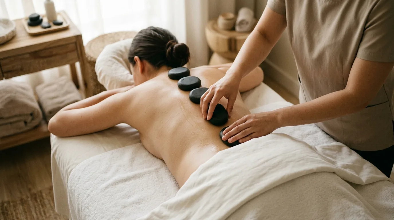 Spa therapist performing hot stone massage on client's back in a calm spa setting.