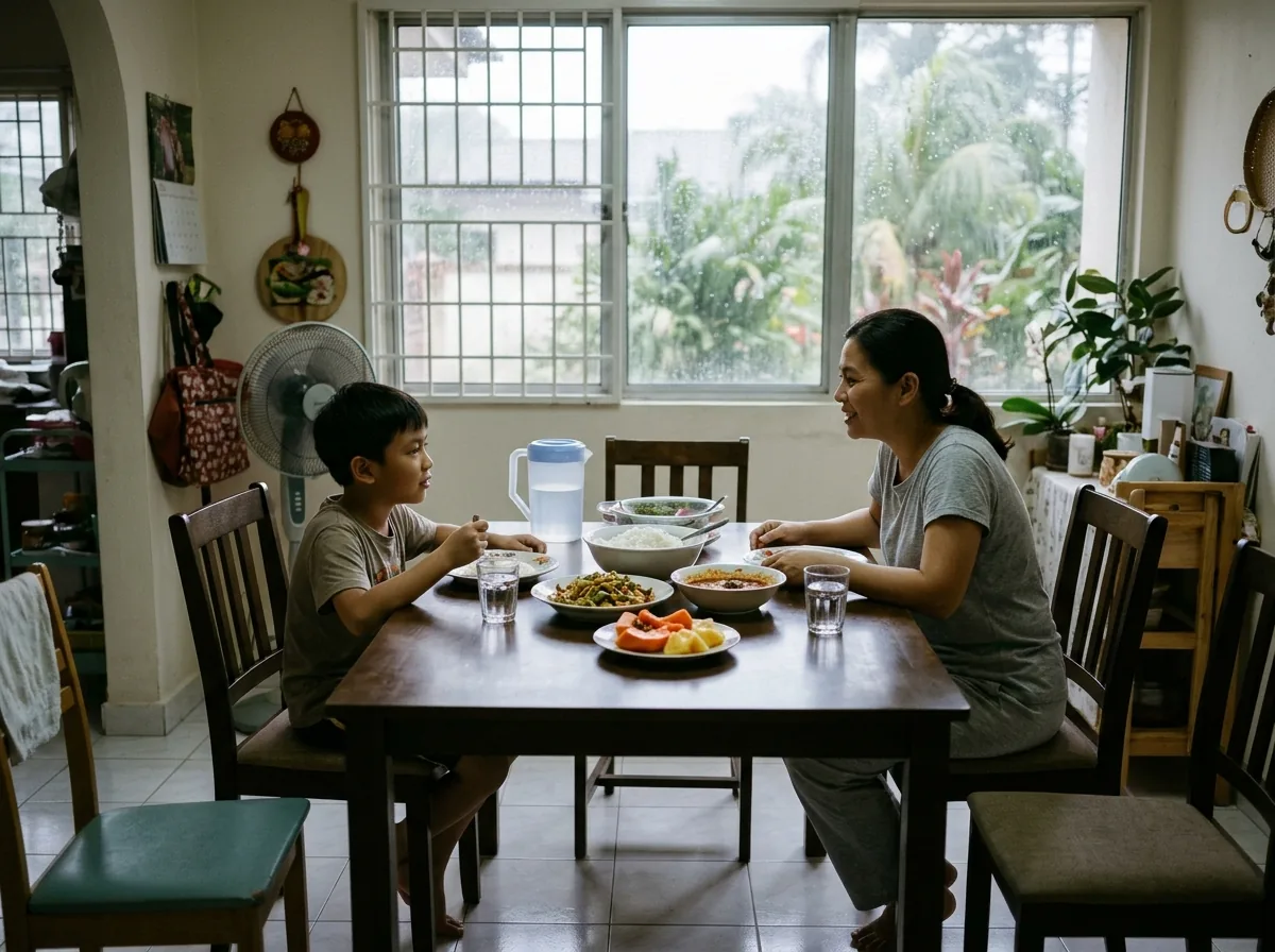 Child and parent sharing a meal at home during a rainy day