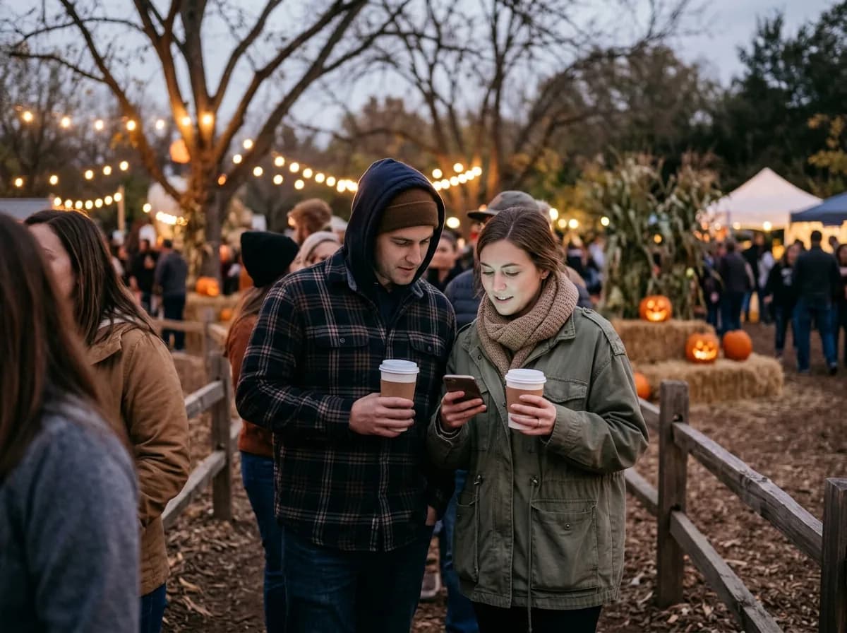 A couple in line at a Halloween event, holding drinks and checking event information.