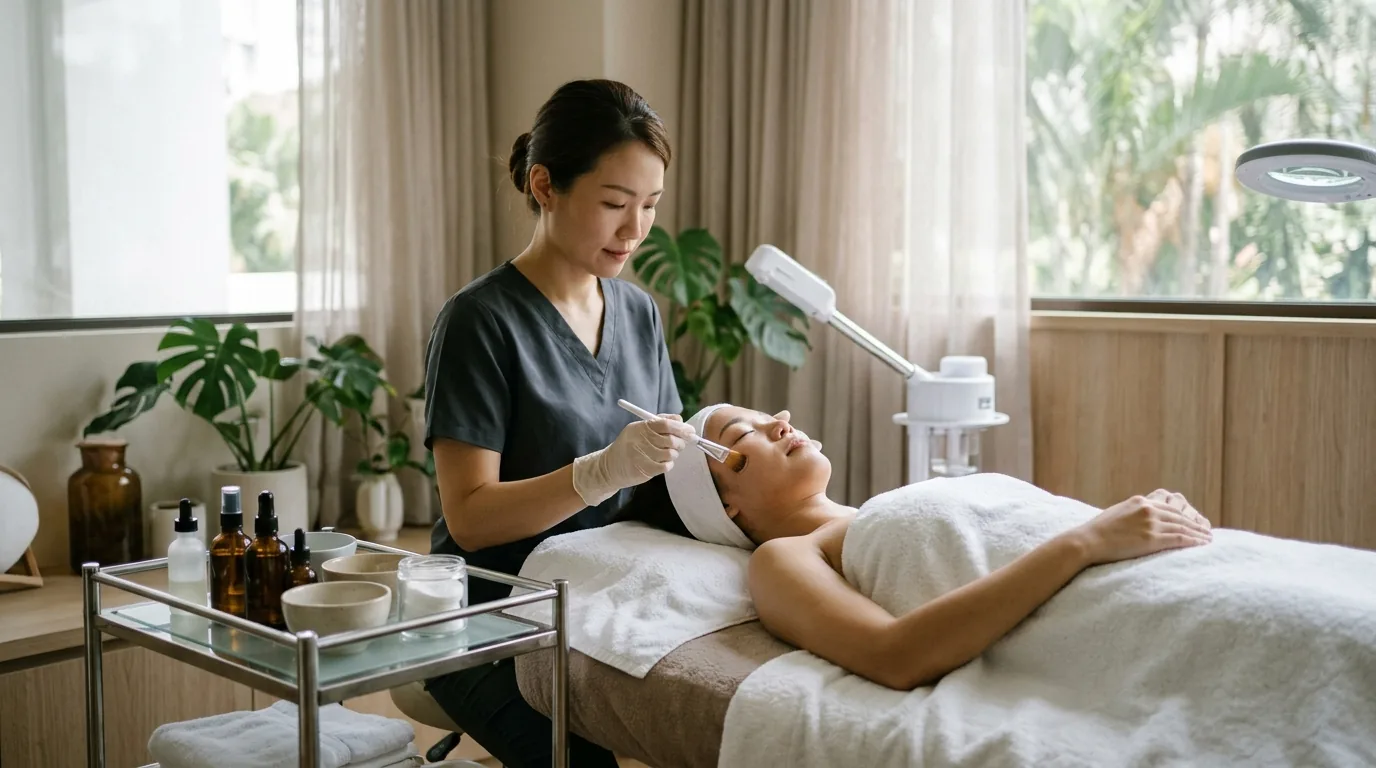 Beautician performing a facial treatment on a relaxed client in a spa salon.