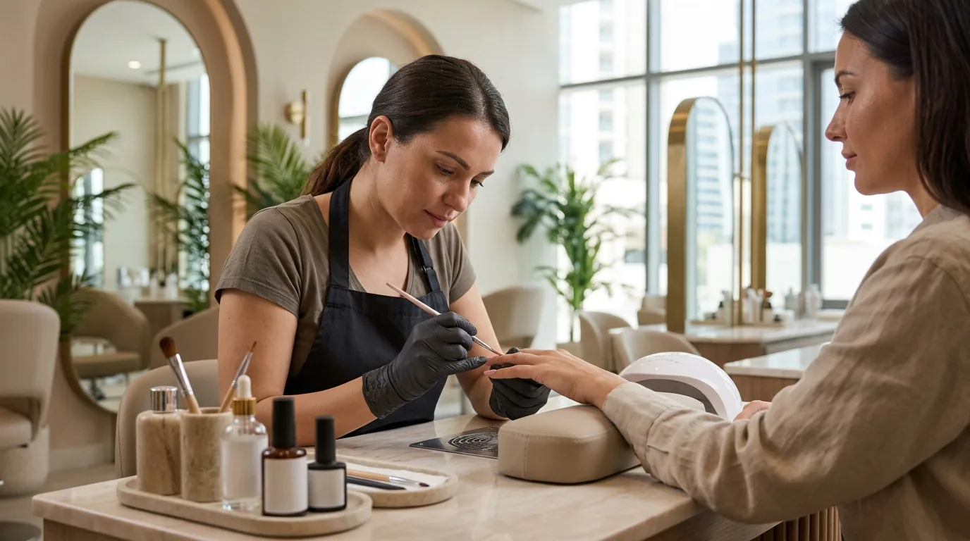 Nail technician applying gel polish to client's nails in a salon