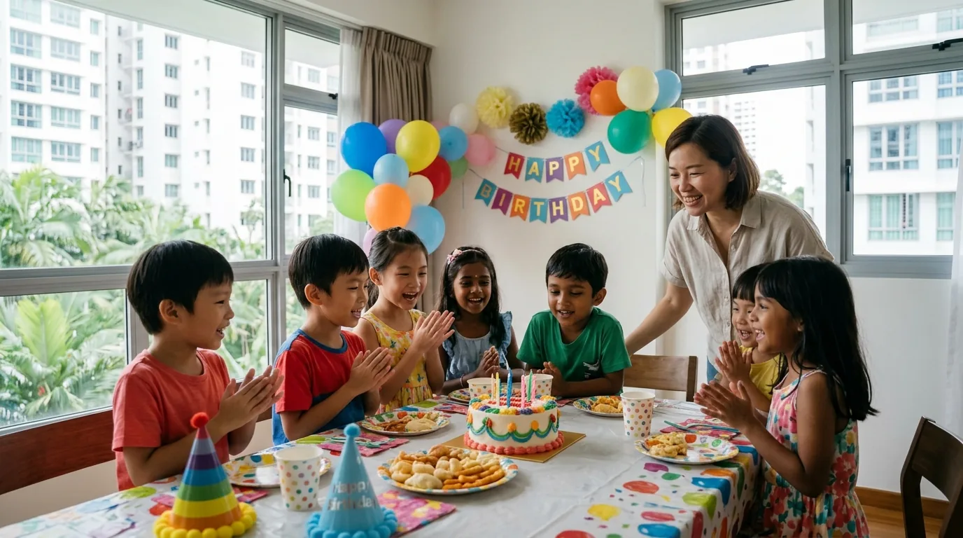 Children celebrating at a colorful birthday party with balloons, cake, and decorations indoors.