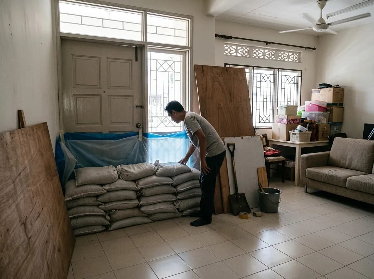 Sandbags stacked against a ground-floor window and door of a home interior to prevent flood water entry.