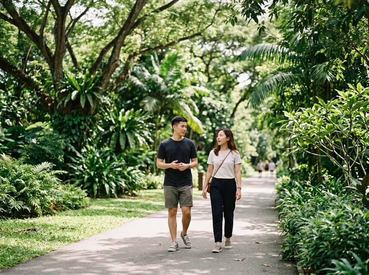 A couple walking together on a park path lined with trees.